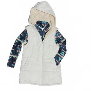 NEW ELOOK women's reversible sherpa puffer long vest with hood in beige